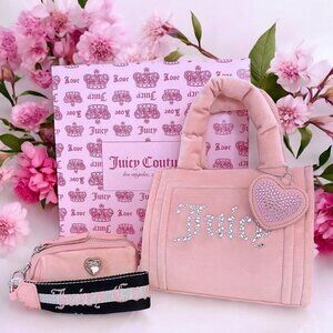 Juicy Couture Big Spender Pink Mini Tote Bag w/Barrel Wristlet & Heart Bag Charm